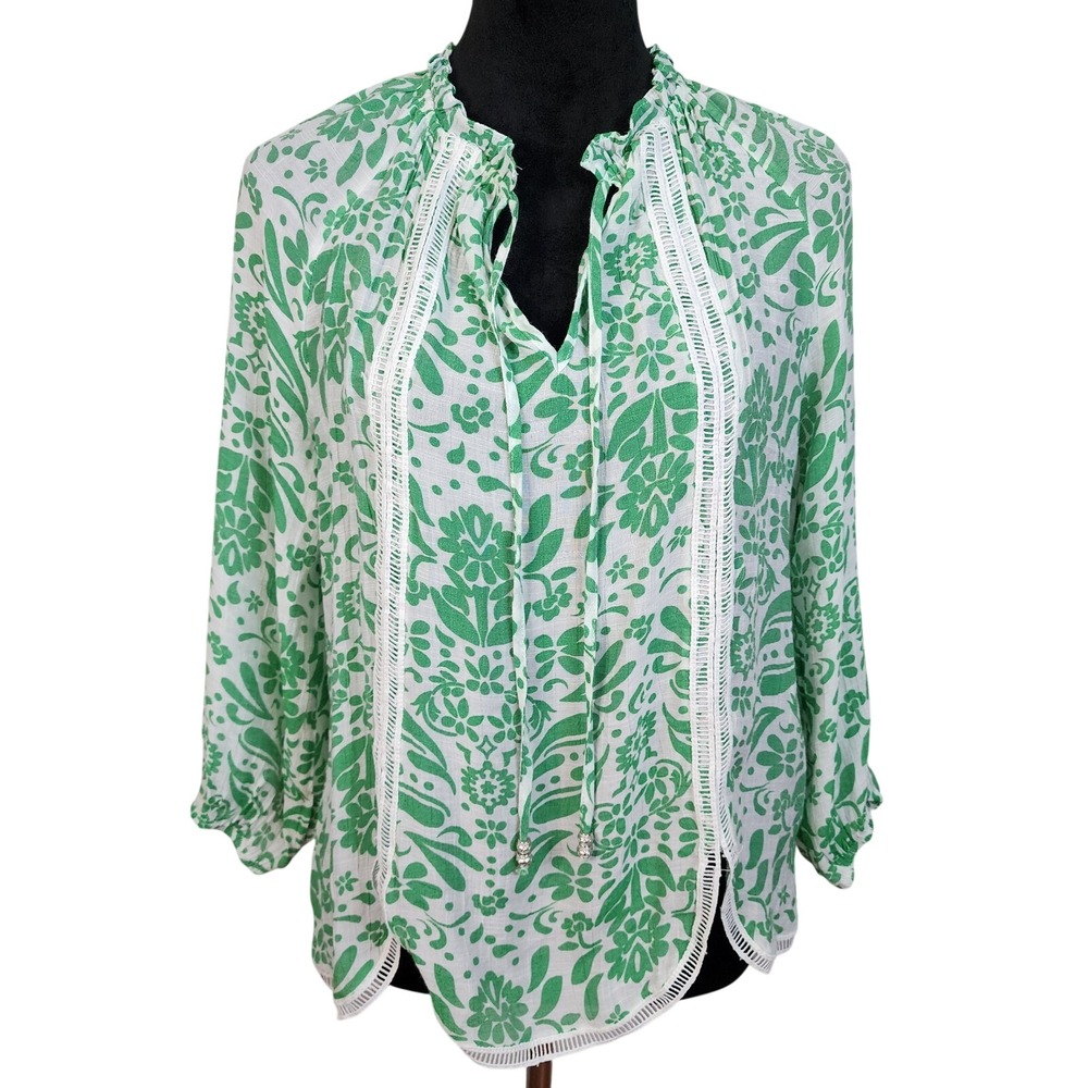 ZAC & RACHAEL Size Small Green & White Floral‎ Boho Peasant Blouse Semi Sheer